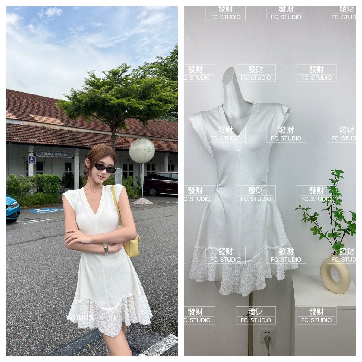 wuuus 알파 주름 Seersucker 치마 검정색 V넥 니트 여성 드레스 연꽃 잎 인어 꼬리 스커트
