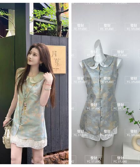 파빌리온 와우 주인공 화려한 산과 강 주간 실크 사람들 실크 베이비 칼라 베스트 치마