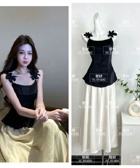 무쯔리 목자이 꽃 장식 청 妍 빛 요리 한 바람 꽃 슬립 허리 수축 맨위 도루 센스 새틴 반신 치마 세트