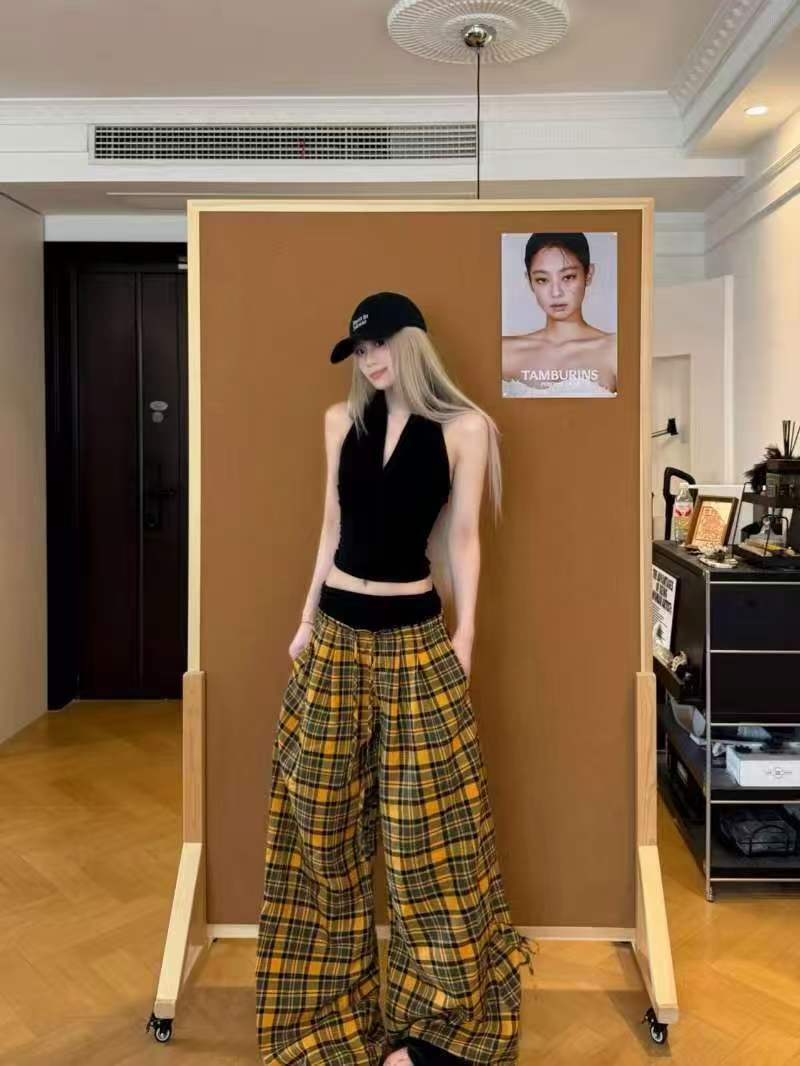 한 부서 행침 목 민소매 캐미솔 허리 수축 표지 대리인 우유 인사이드 가져 가라. 만나는 순수한 욕망 맨위 하이웨이스트 체크무늬 바지 세트