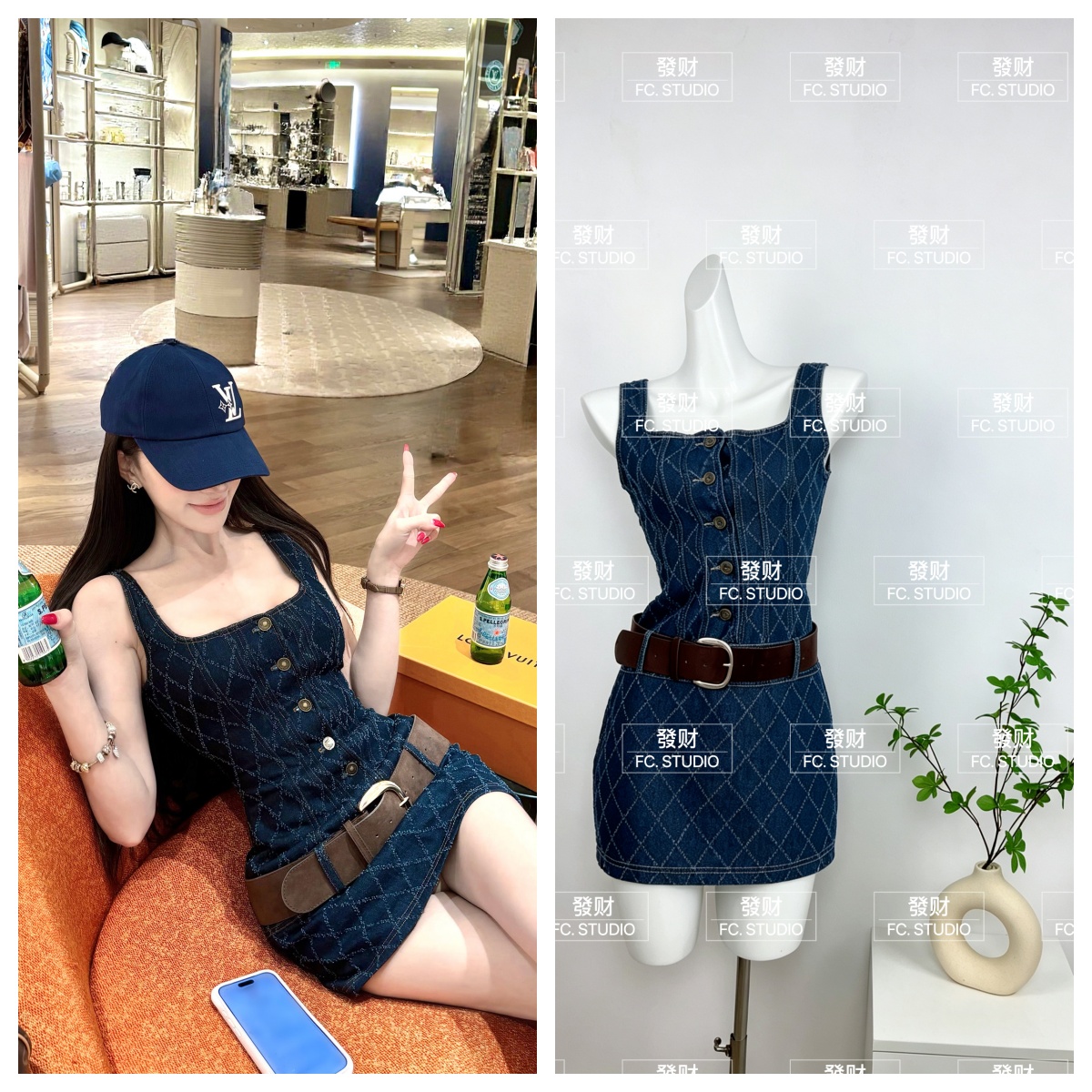 먼지 덩 덩 blue tone filter 작은 샤넬 스타일 다이아몬드 모양 체크무늬 데님 드레스