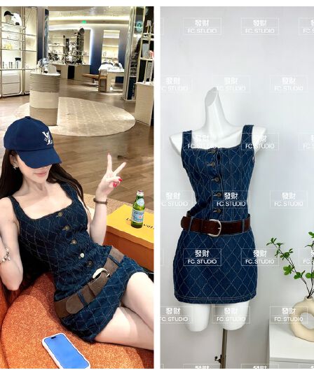 먼지 덩 덩 blue tone filter 작은 샤넬 스타일 다이아몬드 모양 체크무늬 데님 드레스
