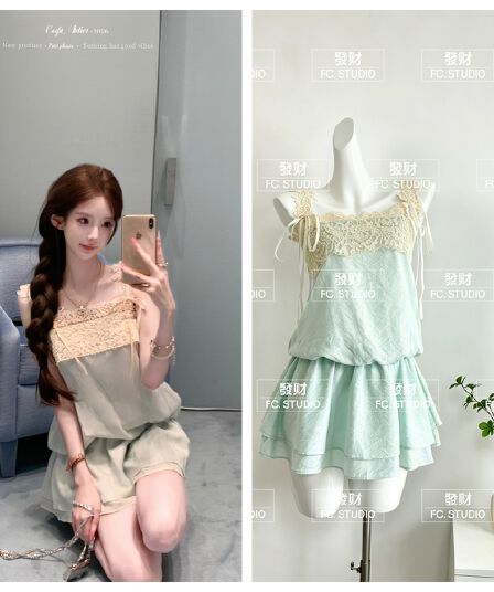 늦게 우산 우산 26 ss 업그레이드 된 버전 작은 여자 레이스 슬립 녹색 허리 수축 투피스 세트 100 일 실크 드레스