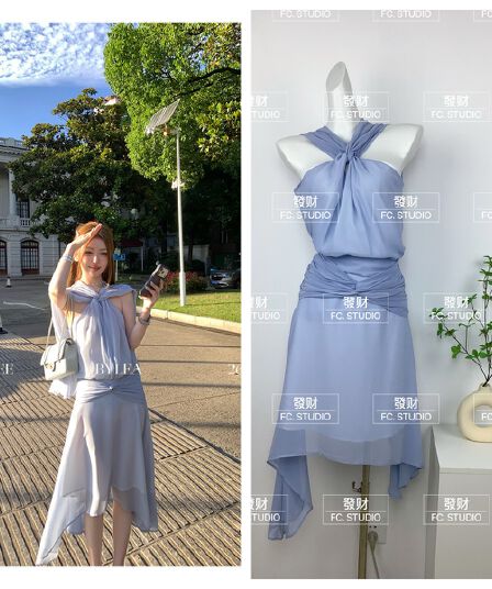 zonee lea 송 또한 원자바오 파란색 쉬위안츠 프랑스식 파란색 행침 목 맨위 부드러운 쉬폰 반 스커트 세트