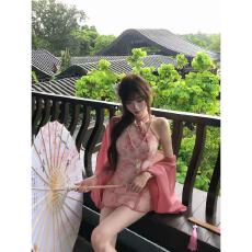 批发胭脂花屿 新中式温柔无袖雪纺<b class='q'>镂空</b>水滴收褶绣花<b class='q'>连衣裙</b>