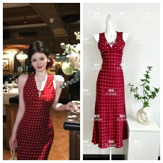 批发绯点佳人法式复古设计感夏季新品气质收腰显瘦红色波点<b class='q'>连衣裙</b>
