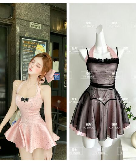 루이 茜 웨이 Sher S 스페이드 분말 머리말 여름 순수한 욕망 바람 작은 대중 디자인 블라우스 드레스 r8797y