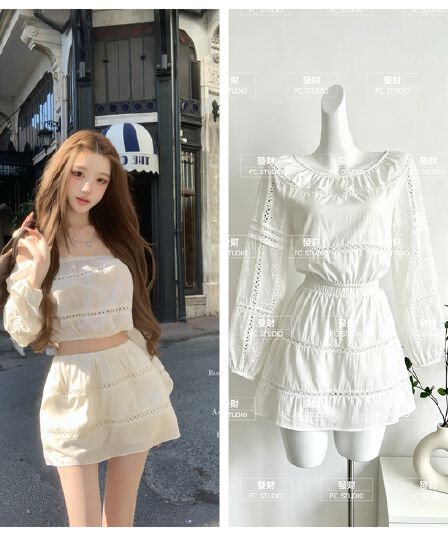 늦게 우산 우산 26 ss 백조 연습곡 miu 부서 홀로우 아웃 자수 홀로우 아웃 화이트 맨위 반 스커트 면 센스 세트
