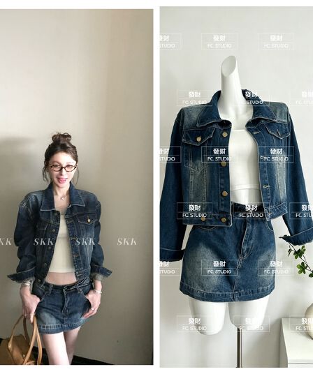 skk store 느슨함 타닌 핫걸 워싱 블루 면 부드러운 느슨함 자기 접촉 데님 재킷 미니 스커트 세트 여성
