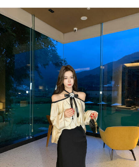 무쯔리 목자이 밤 머리말 송곳니 부드러운 빛 럭셔리 바람 오프숄더 행침 목 나비 매듭 긴팔 맨위 새틴 반 스커트 세트