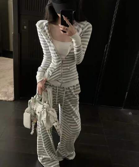새로운 느슨함 센스 캐주얼 스트라이프 지퍼 후드 티 스웨터 슬립 허리밴드 와이드 레그 팬츠 3종 세트