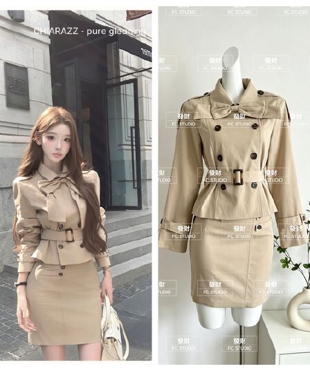 chiarazzwarm latte 탈착식 나비 매듭 쇼트 스타일 바람막이 반 스커트 세트