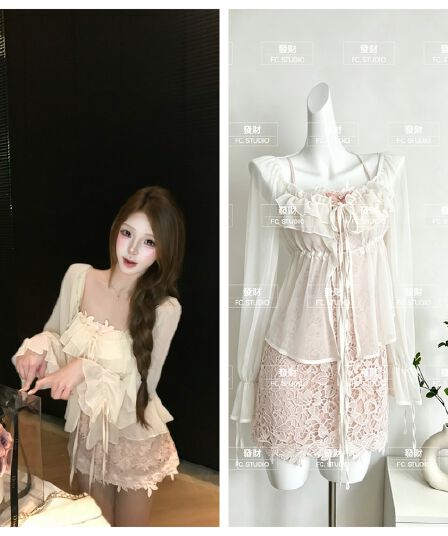 루이 茜 웨이 Sher S 꽃 안개 세트 여름 순수한 욕망 천 금빛 바람 오리지널 디자인 오픈 가디건 드레스 r1620-