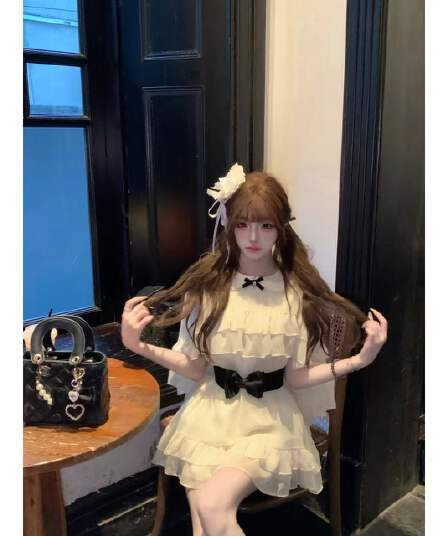 린 린 있음 바쁜 화이트 원사 이동 꿈 고대 조기 천 골드 베이비 칼라 망토 쉬폰 연꽃 잎 레이스 드레스