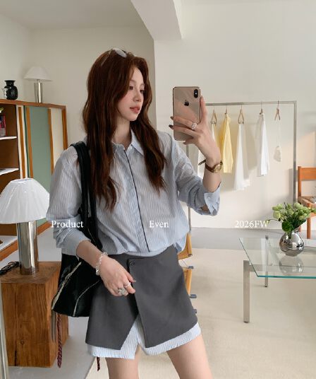 even 하나 원자바오 보 주님 일상 한 부서 높음 지혜 센스 루즈핏 슬림해 보이는 스트라이프 셔츠 폴로 칼라 출퇴근 원래