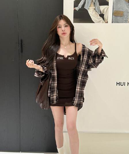 한 부서 핫걸 품격 슬림해 보이는 패션 체크무늬 셔츠 슬립 드레스 외국 가스 좋은 보기 조각 여성 투피스 세트