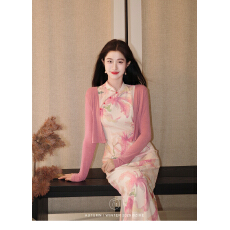 批发凌茜恣禾曲苑风荷新中式外披复古国风显瘦立领优雅<b class='q'>旗袍</b>长裙套装