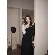 批发木子李幽纱月叙赫本风<b class='q'>黑白</b>撞色蕾丝拼接<b class='q'>连衣裙</b>高级感长裙