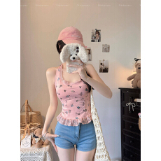 批发甜美风蕾丝边卡通印花挂脖吊带背心女<b class='q'>夏</b>季内搭外穿带胸垫美背上衣