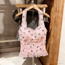 批发甜美风蕾丝边卡通印花挂脖吊带背心女<b class='q'>夏</b>季内搭外穿带胸垫美背上衣