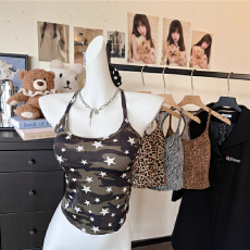 批发纯欲辣妹斜肩露肩长袖T恤设计感修身斜领显瘦上衣豹纹吊带两件套