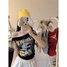 批发带胸垫 美式辣妹印花一字肩无袖背心女夏季收腰显瘦短款上衣