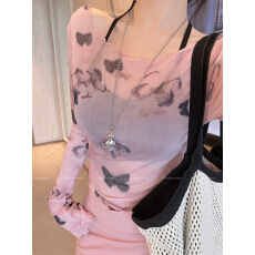 批发美式复古扎染长袖带胸垫夏季辣妹设计感薄款防晒修身短款气质上衣