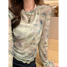 批发水墨画印花t恤女春秋欧货修身薄款长袖网纱打底衫带胸垫防晒上衣