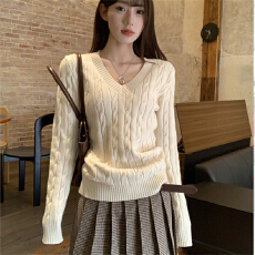 批发【安迪绒洗水】高级感V领<b class='q'>女</b>秋冬麻花针织毛衣韩系穿搭显瘦<b class='q'>打底衫</b>