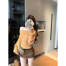 北极绒洗水纯欲风性感一字肩长袖毛衣女秋冬新款麻花针织上衣