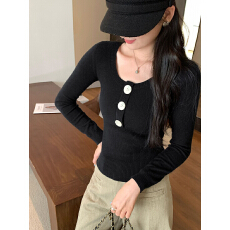 安迪绒洗水早秋高级感纽扣圆领针织衫上衣打底衫女收腰显瘦