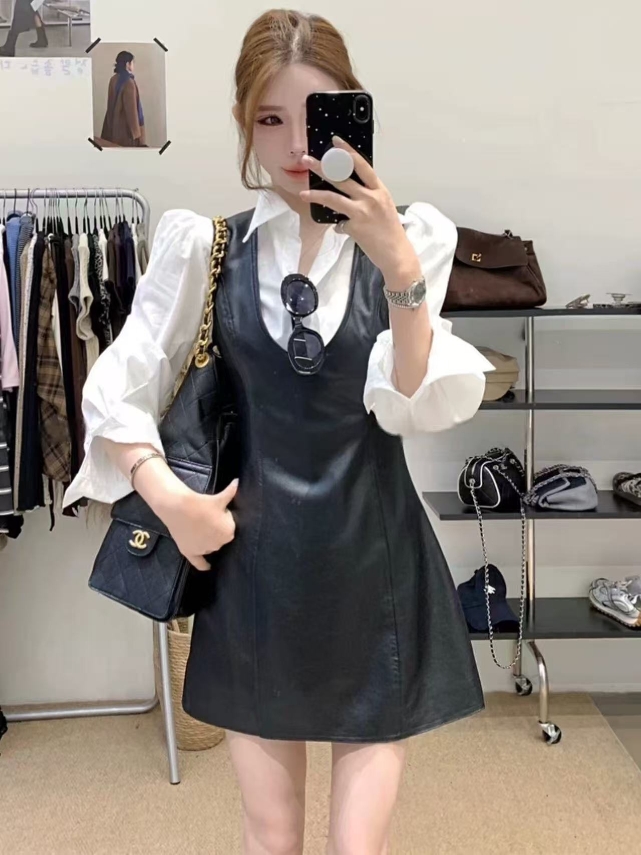 FA36868# 早秋穿搭套装女小个子时尚气质减龄长袖衬衫pu皮背心吊带裙两件套 服裝批發女裝批發服飾貨源