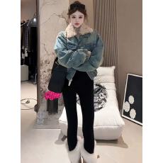 批发美式复古毛领拼接牛仔短外套女<b class='q'>秋</b>冬新款时髦洋气宽松显瘦保暖上衣