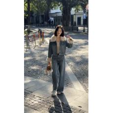 批发网红<b class='q'>新款</b>加绒加厚牛仔套<b class='q'>装</b>女欧货复古毛领短外套+阔腿<b class='q'>裤</b><b class='q'>两件套</b>女