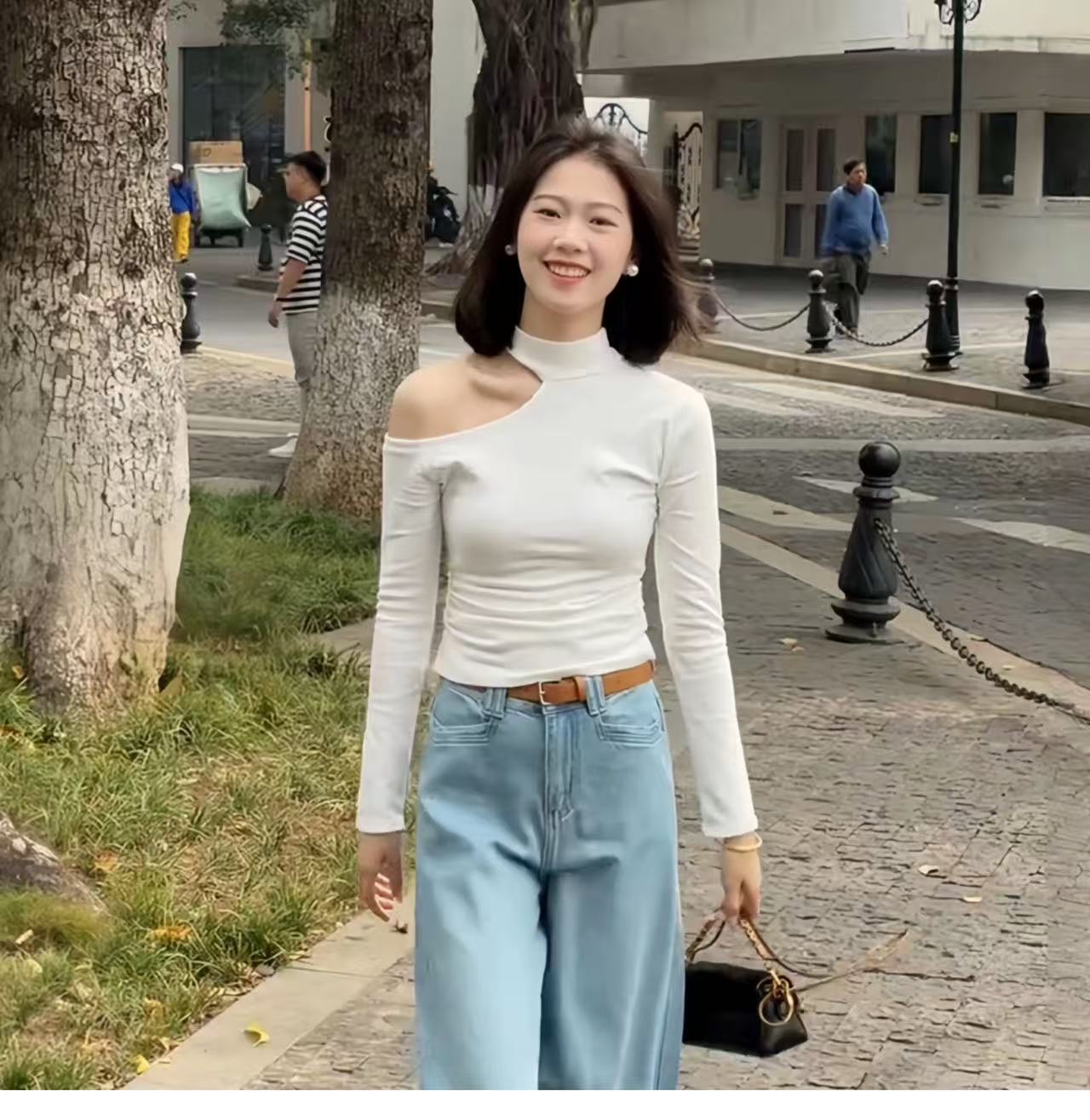 가을 겨울 디자인 센스 연삭 플리스 오프숄더 순수한 욕망 긴팔 기본 셔츠