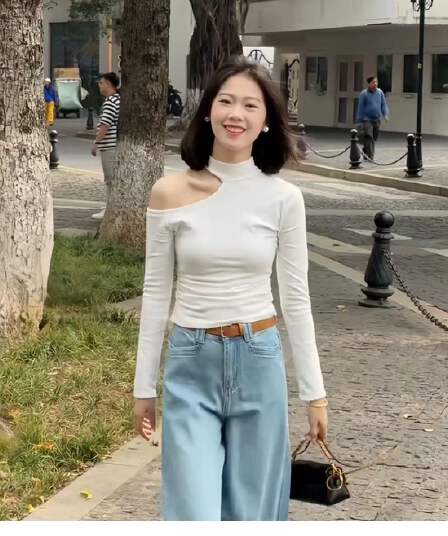 가을 겨울 디자인 센스 연삭 플리스 오프숄더 순수한 욕망 긴팔 기본 셔츠
