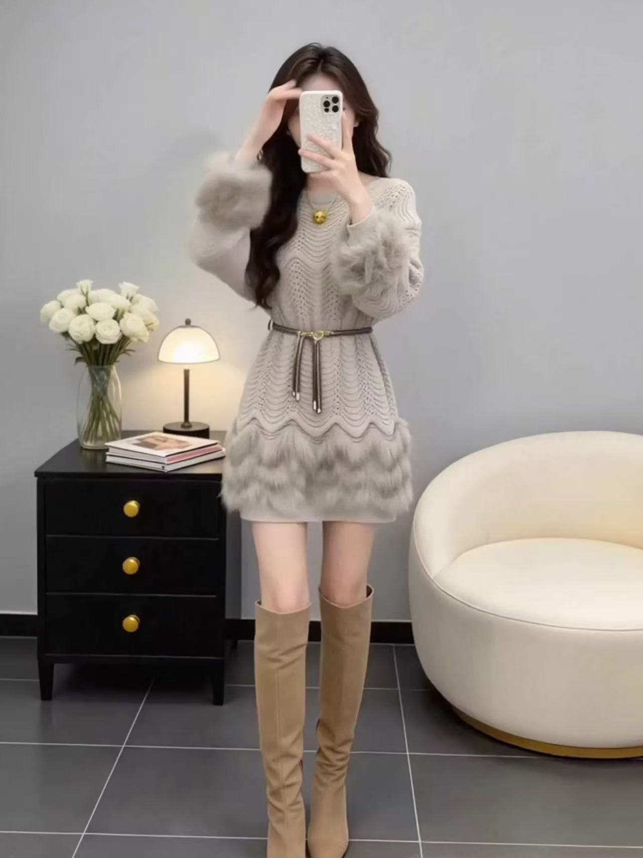 MY16825# 韩系温柔风独特好看针织连衣裙新款今年流行气质高级感短裙女裝貨源服裝批發