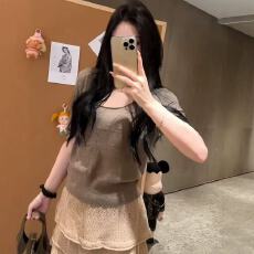 批发网红同款春夏老钱松弛针织小短袖+亚麻蛋糕半裙甜美两件套复古装