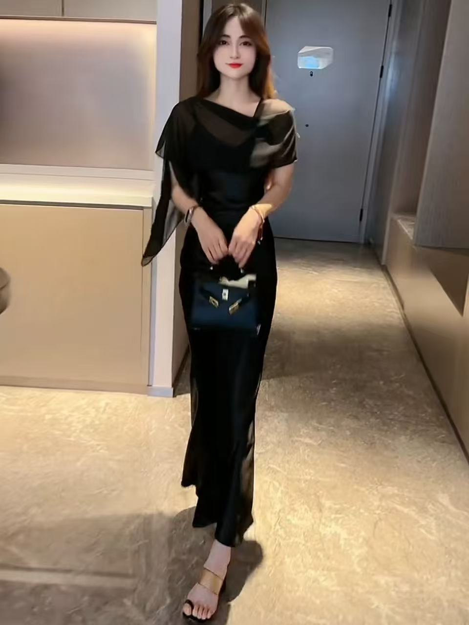 새틴 슬립 여성 드레스 여름 섹시함 순수한 욕망 인어 꼬리 예복 허리 수축 타이트 스커트 롱 스커트 플러스 숄 투피스 세트