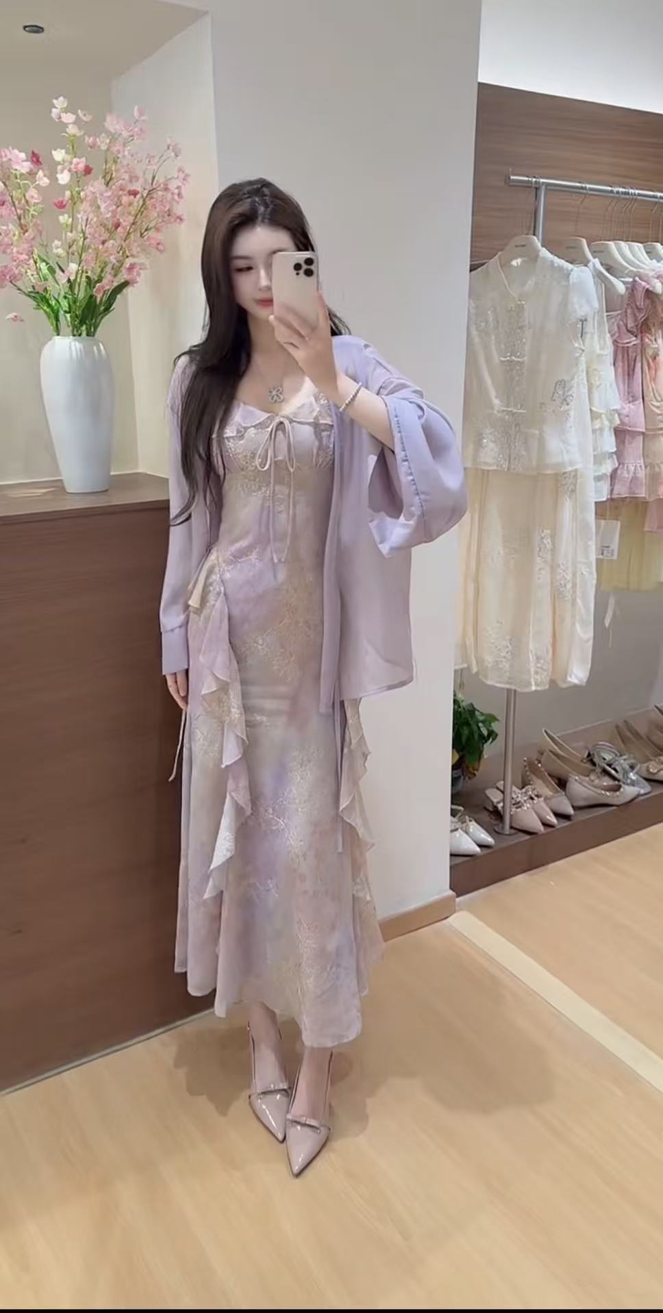 패치워크 헤일로 염색 혼합 색상 꽃무늬 슬립 여성 드레스 여름 보라색 한 단어 오프숄더 길다 치마 숄 투피스 세트