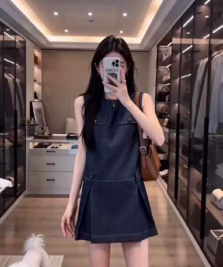 작은 키 자이언트 잘 생긴 데님 민소매 조끼 원피스 프랑스식 여름 품격 작은 샤넬 스타일 슬림해 보이는 한 마디 미니 스커트
