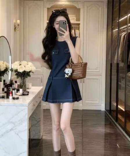 작은 키 자이언트 잘 생긴 민소매 조끼 원피스 프랑스식 여름 품격 작은 샤넬 스타일 슬림해 보이는 한 마디 미니 스커트