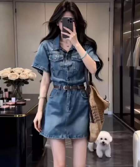 레트로 블루 데님 여성 드레스 2026 여름 새로운 프랑스식 레트로 polo 치마 작은 키 미니 스커트