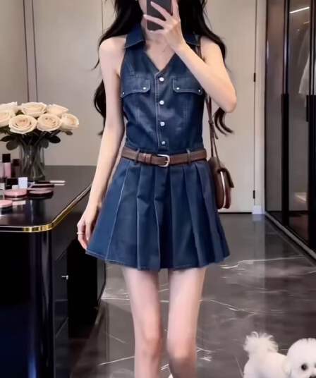 항구 바람 품격 고유 한 아름다운 셔츠 드레스 여름 프랑스식 자이언트 잘 생긴 디자인 센스 슬림해 보이는 워크웨어 플리츠 스커트