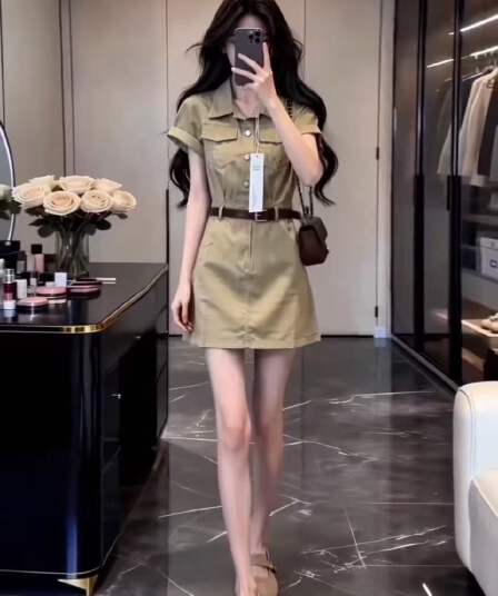 데님 POLO 칼라 셔츠 여성 드레스 여름 새로운 품격 허리 수축 슬림해 보이는 고급 센스 A라인 스커트