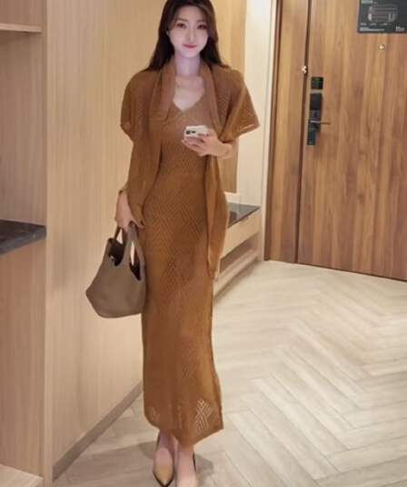 여름 한 스타일 품격 바람 고급 센스 몸매 가꾸기 슬림해 보이는 홀로우 아웃 니트 슬립 드레스 다용도 숄 투피스 세트