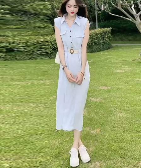 올해 인기 폭발 셔츠 여성 드레스 여름 새로운 고급 센스 허리 수축 슬림해 보이는 품격 민소매 롱 스커트