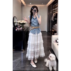 批发夏日韩系穿搭套装翻领<b class='q'>牛仔</b>无袖衬衫女时尚修身显瘦蛋糕<b class='q'>长裙</b>两件套