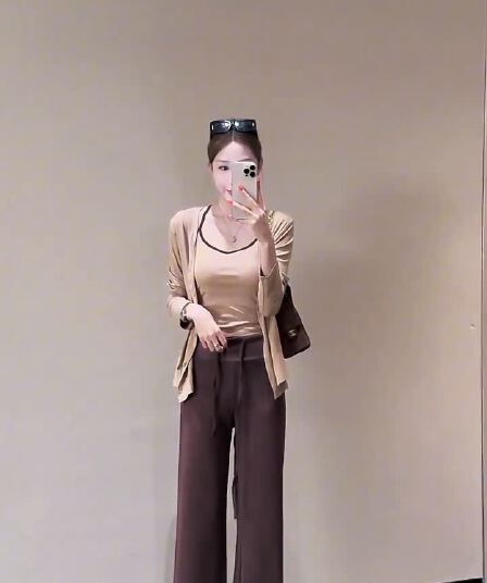가을 새로운 품격 패션 다용도 종이 사람들 오픈 가디건 배색 슬립 맨위 몸매 가꾸기 스트레이트 팬츠