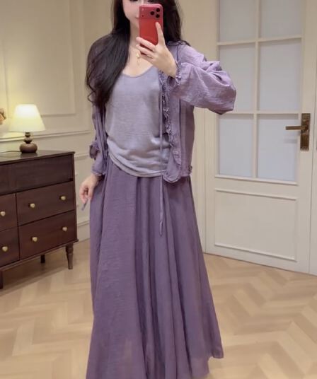 새로운 한국 스타일 패션 감기 센스 슬립 자외선 차단 오픈 가디건 허리밴드 큰 진자 반신 스커트 3종 세트